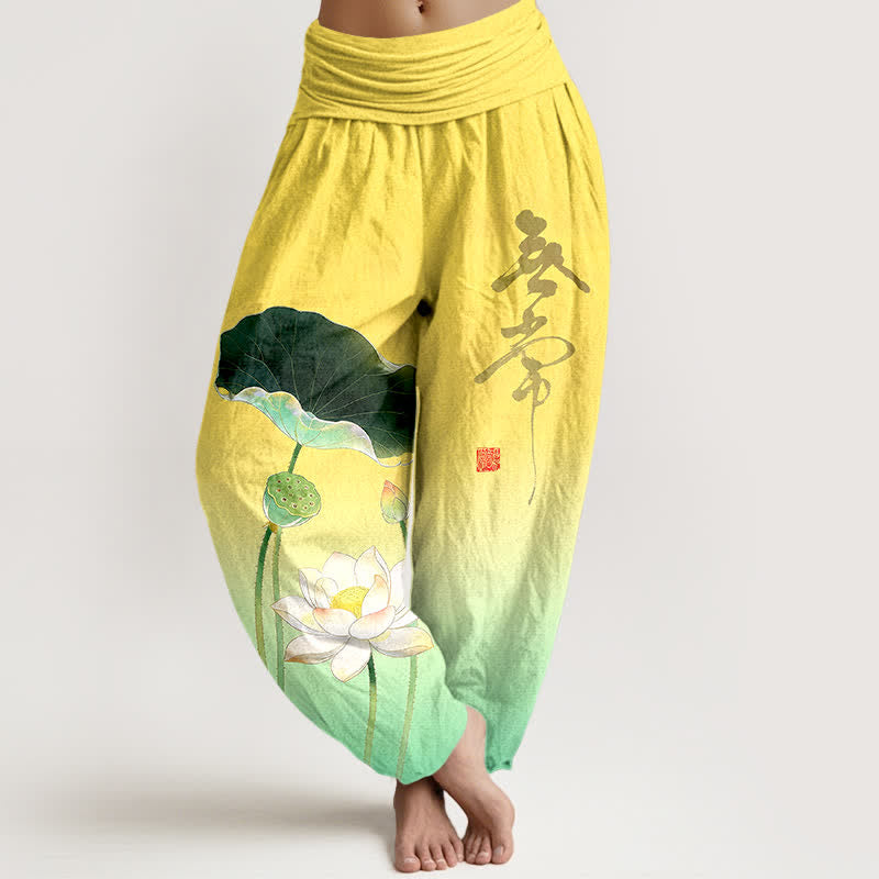 Buddha Stones Elegante Haremshose aus Baumwolle mit Lotusblumenmuster und elastischem Bund für Damen - Gelb - US16, UK/AU20, EU48 (3XL) - image 0