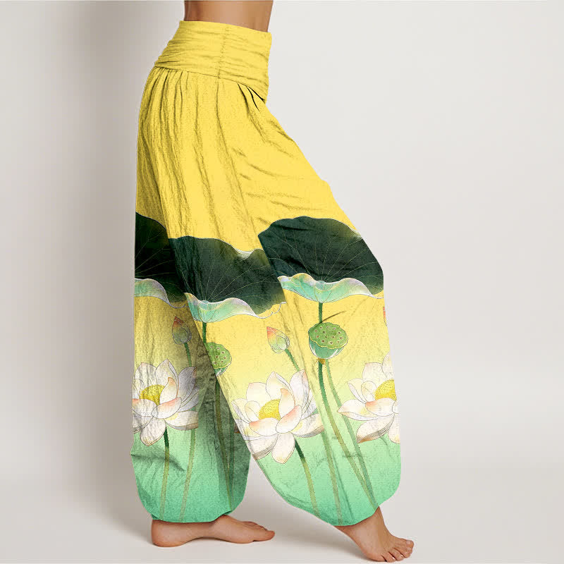 Buddha Stones Elegante Haremshose aus Baumwolle mit Lotusblumenmuster und elastischem Bund für Damen - image 1