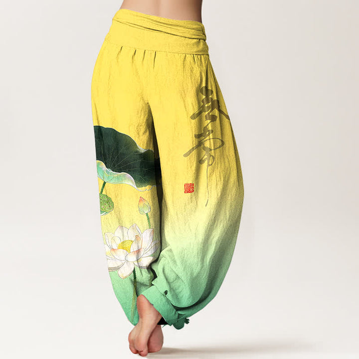 Buddha Stones Elegante Haremshose aus Baumwolle mit Lotusblumenmuster und elastischem Bund für Damen - image 2