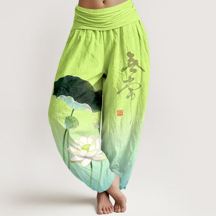 Buddha Stones Elegante Haremshose aus Baumwolle mit Lotusblumenmuster und elastischem Bund für Damen - Türkis - US16, UK/AU20, EU48 (3XL) - image 5