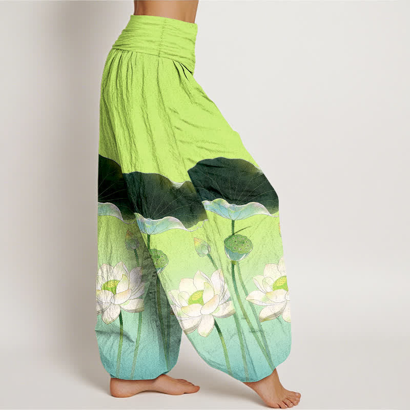 Buddha Stones Elegante Haremshose aus Baumwolle mit Lotusblumenmuster und elastischem Bund für Damen - image 6