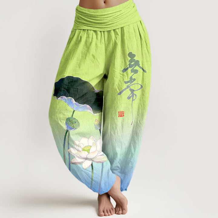 Buddha Stones Elegante Haremshose aus Baumwolle mit Lotusblumenmuster und elastischem Bund für Damen - Tiefblau - US16, UK/AU20, EU48 (3XL) - image 8