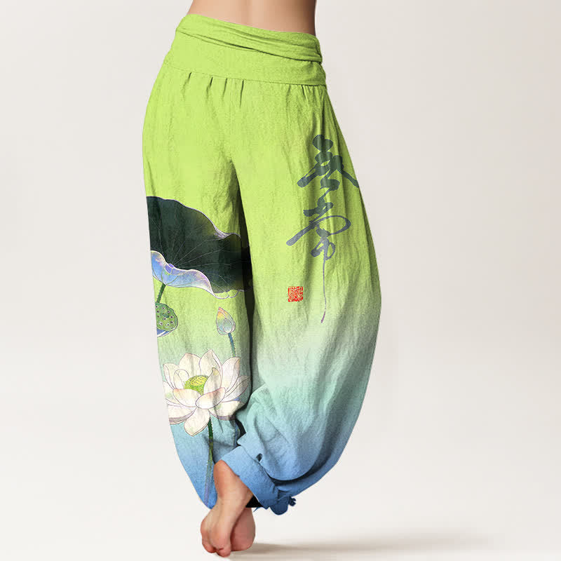 Buddha Stones Elegante Haremshose aus Baumwolle mit Lotusblumenmuster und elastischem Bund für Damen - image 10