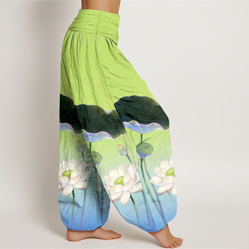 Buddha Stones Elegante Haremshose aus Baumwolle mit Lotusblumenmuster und elastischem Bund für Damen - image 9
