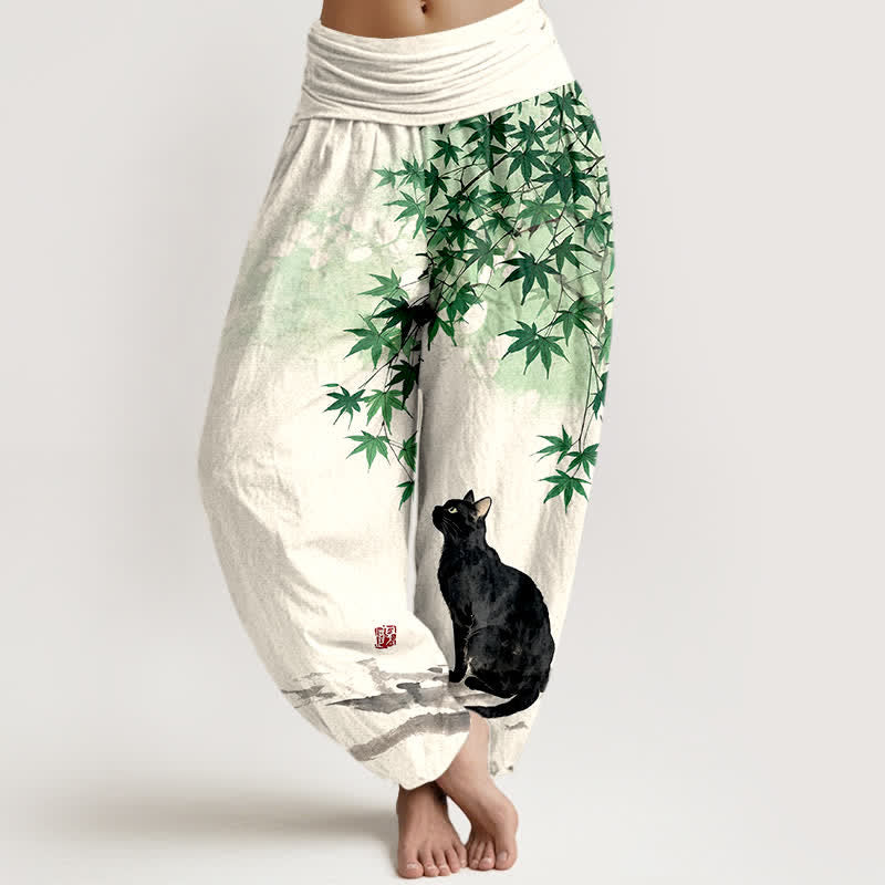Buddha Stones Baumwoll-Haremshose mit Ahornblatt-Katzenmuster und elastischem Bund für Damen - SeaGreen - US16, UK/AU20, EU48 (3XL) - image 0