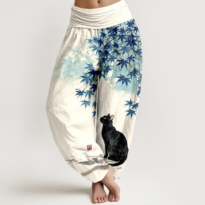 Buddha Stones Baumwoll-Haremshose mit Ahornblatt-Katzenmuster und elastischem Bund für Damen - Blau - US16, UK/AU20, EU48 (3XL) - image 5