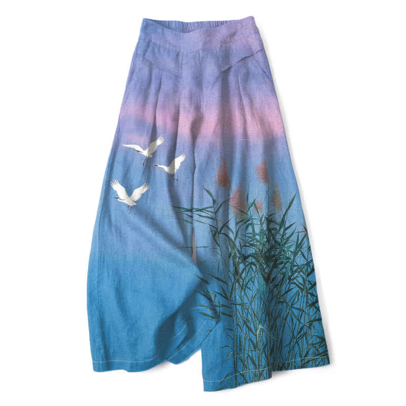 Buddha Stones Baumwoll-Leinen-Hose mit Farbverlauf, Kranich-Schilfmuster, elastischem Bund, weitem Bein und Taschen - Tiefblau - US16, UK/AU20, EU48 (3XL) - image 0