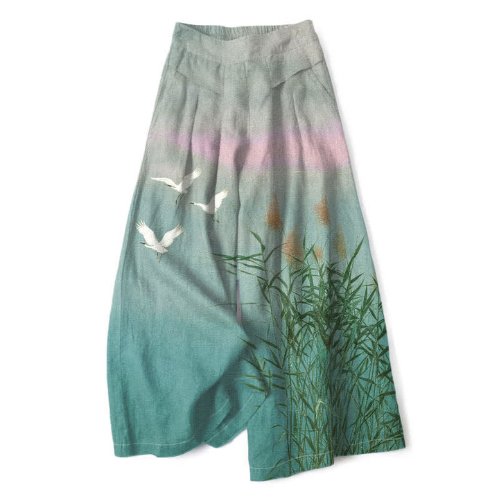 Buddha Stones Baumwoll-Leinen-Hose mit Farbverlauf, Kranich-Schilfmuster, elastischem Bund, weitem Bein und Taschen - Türkis - US16, UK/AU20, EU48 (3XL) - image 4