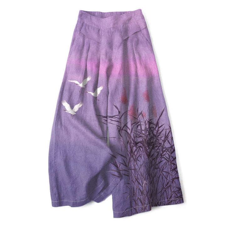 Buddha Stones Baumwoll-Leinen-Hose mit Farbverlauf, Kranich-Schilfmuster, elastischem Bund, weitem Bein und Taschen - Mittelviolett - US16, UK/AU20, EU48 (3XL) - image 6