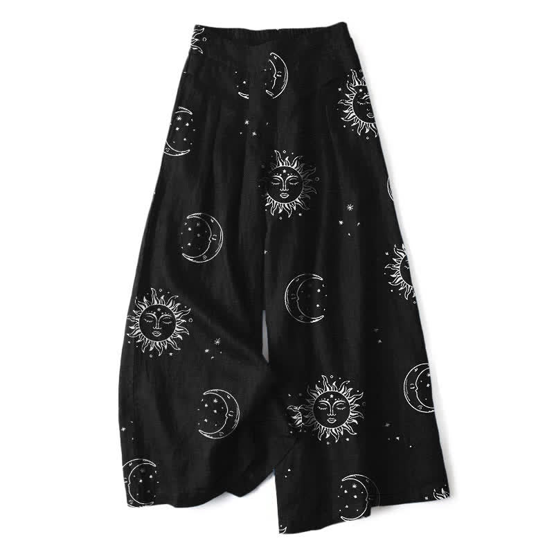 Buddha Stones Damenhose aus Baumwoll-Leinen-Mischgewebe mit himmlischem Sonne- und Mondmuster, elastischem Bund, weitem Bein und Taschen - Schwarz - US16, UK/AU20, EU48 (3XL) - image 0