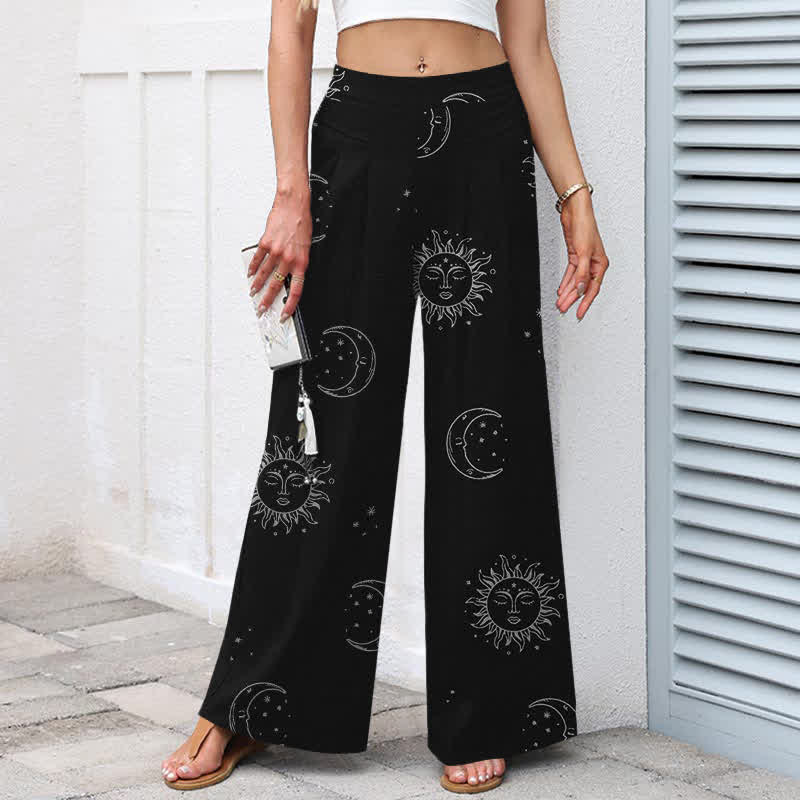 Buddha Stones Damenhose aus Baumwoll-Leinen-Mischgewebe mit himmlischem Sonne- und Mondmuster, elastischem Bund, weitem Bein und Taschen - image 1