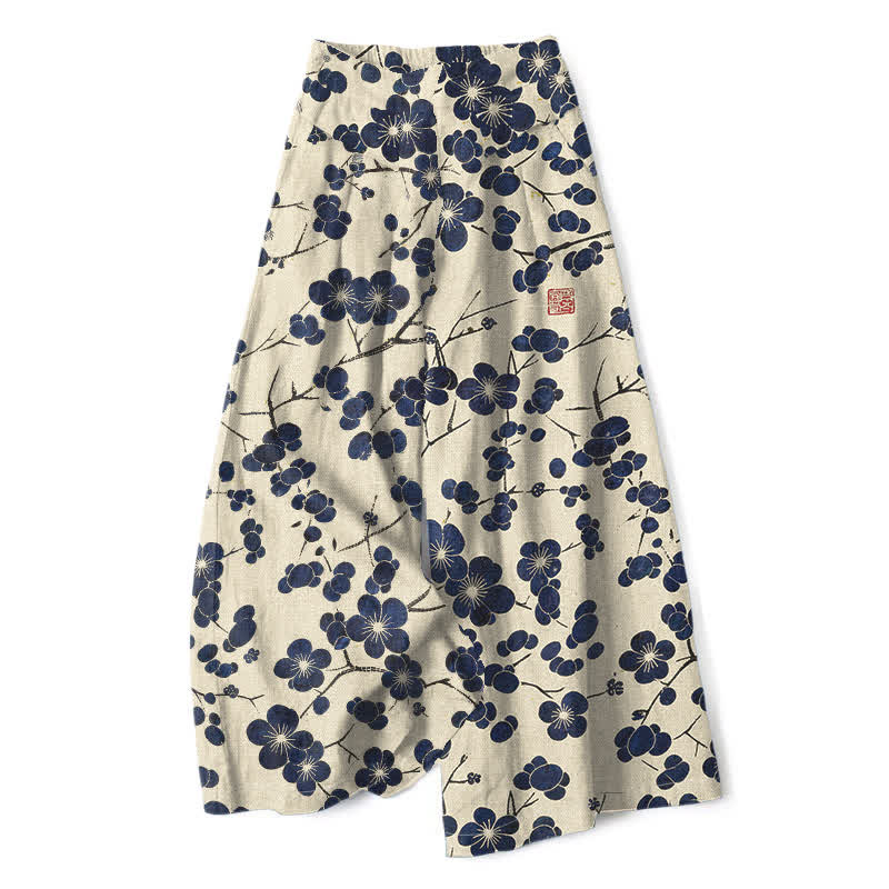 Buddha Stones Baumwoll-Leinen-Hose mit Vintage-Indigo-Blumenmuster, elastischem Bund, weitem Bein und Taschen - Beige - US16, UK/AU20, EU48 (3XL) - image 0