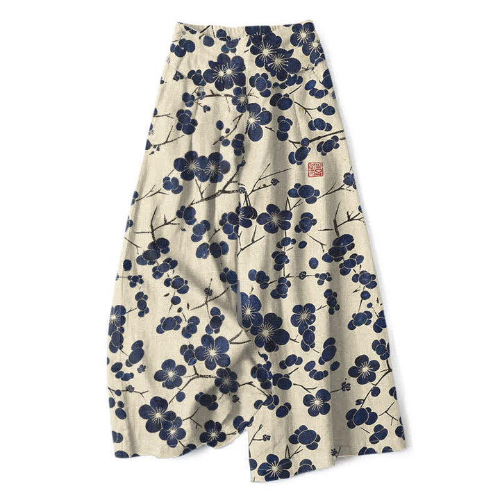 Buddha Stones Baumwoll-Leinen-Hose mit Vintage-Indigo-Blumenmuster, elastischem Bund, weitem Bein und Taschen - Beige - US16, UK/AU20, EU48 (3XL) - image 0