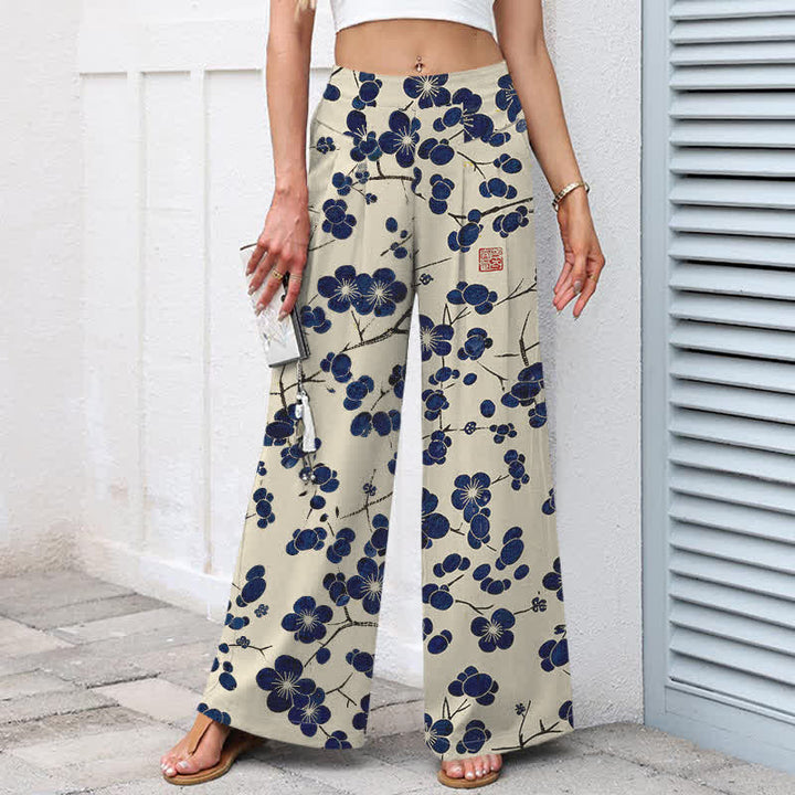 Buddha Stones Baumwoll-Leinen-Hose mit Vintage-Indigo-Blumenmuster, elastischem Bund, weitem Bein und Taschen - image 1