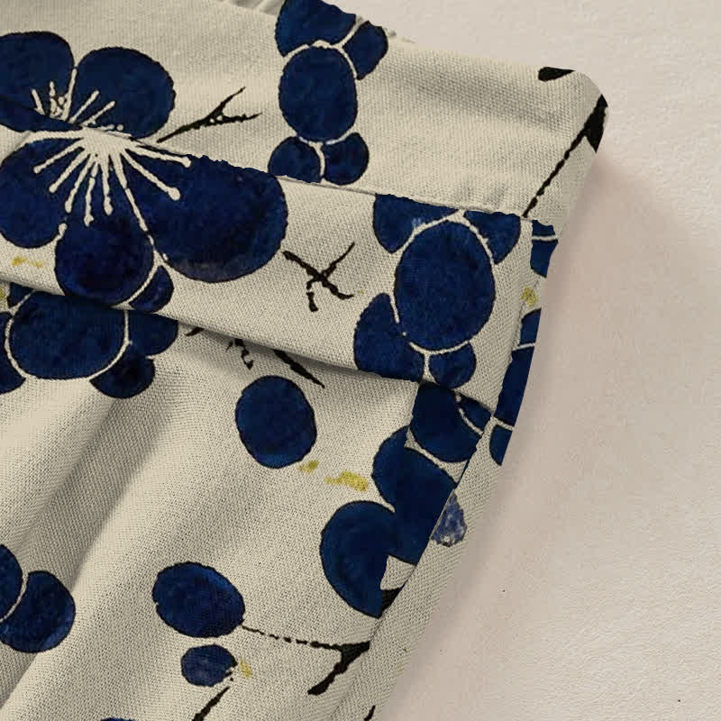 Buddha Stones Baumwoll-Leinen-Hose mit Vintage-Indigo-Blumenmuster, elastischem Bund, weitem Bein und Taschen - image 2