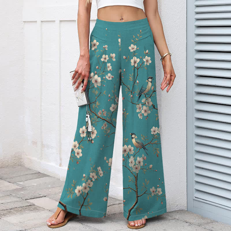 Buddha Stones Damenhose aus Baumwoll-Leinen-Mischgewebe mit Vintage-Blumen- und Vogelmuster, elastischem Bund, weitem Bein und Taschen - image 1