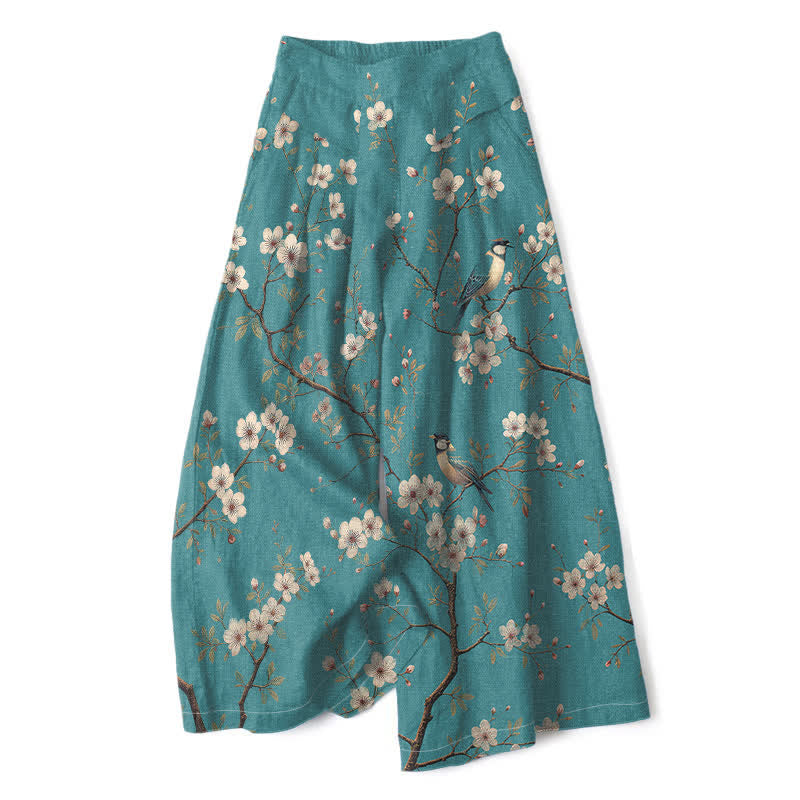 Buddha Stones Damenhose aus Baumwoll-Leinen-Mischgewebe mit Vintage-Blumen- und Vogelmuster, elastischem Bund, weitem Bein und Taschen - Mitteltürkis - US16, UK/AU20, EU48 (3XL) - image 0
