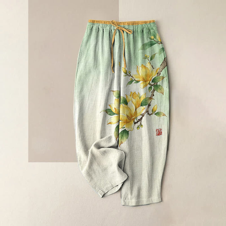 Buddha Stones Damenhose aus reiner Baumwolle mit Magnolienmuster, elastischem Bund und Taschen - Hellgrün - US16, UK/AU20, EU48 (3XL) - image 0