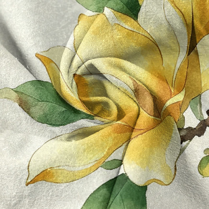 Buddha Stones Damenhose aus reiner Baumwolle mit Magnolienmuster, elastischem Bund und Taschen - image 2