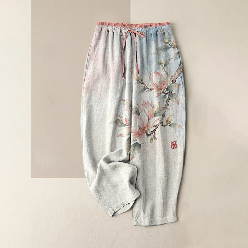 Buddha Stones Damenhose aus reiner Baumwolle mit Magnolienmuster, elastischem Bund und Taschen - Rosa - US16, UK/AU20, EU48 (3XL) - image 3