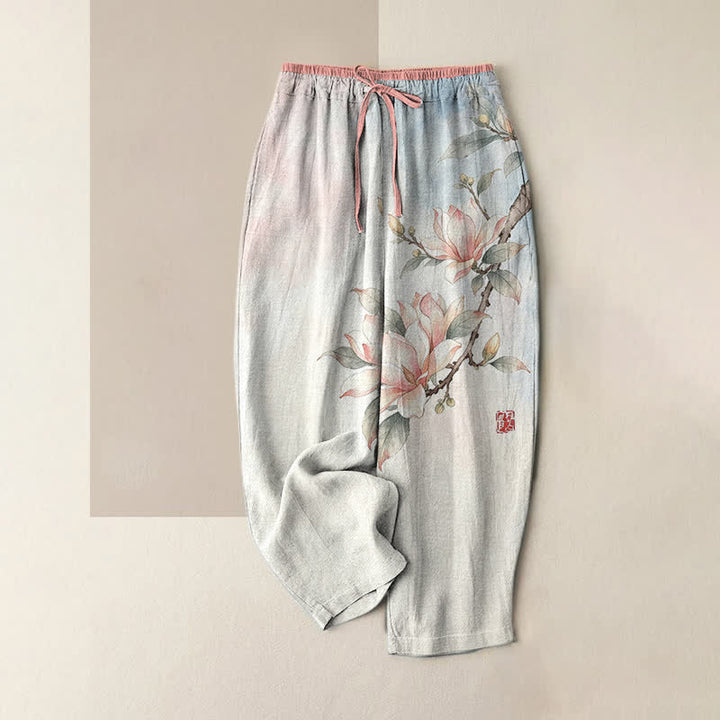 Buddha Stones Damenhose aus reiner Baumwolle mit Magnolienmuster, elastischem Bund und Taschen - Rosa - US16, UK/AU20, EU48 (3XL) - image 3