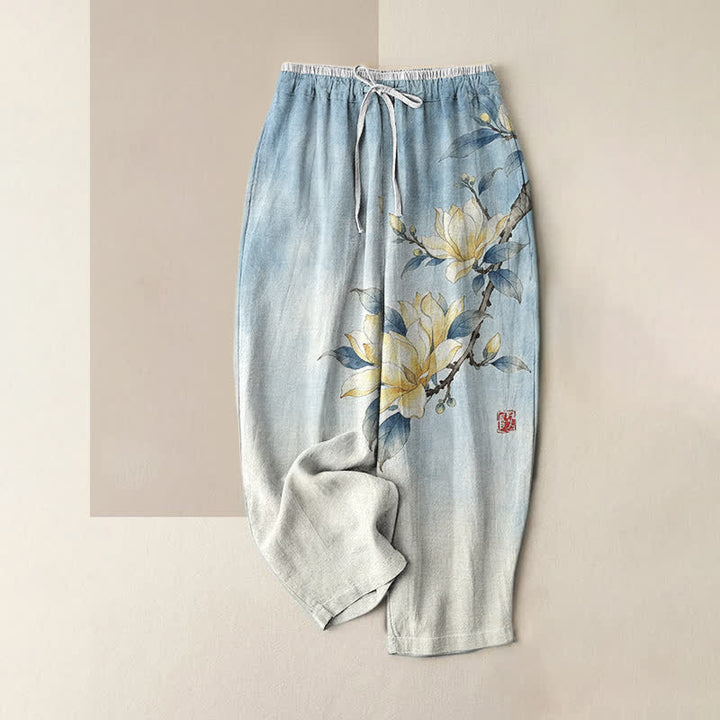 Buddha Stones Damenhose aus reiner Baumwolle mit Magnolienmuster, elastischem Bund und Taschen - Hellblau - US16, UK/AU20, EU48 (3XL) - image 4