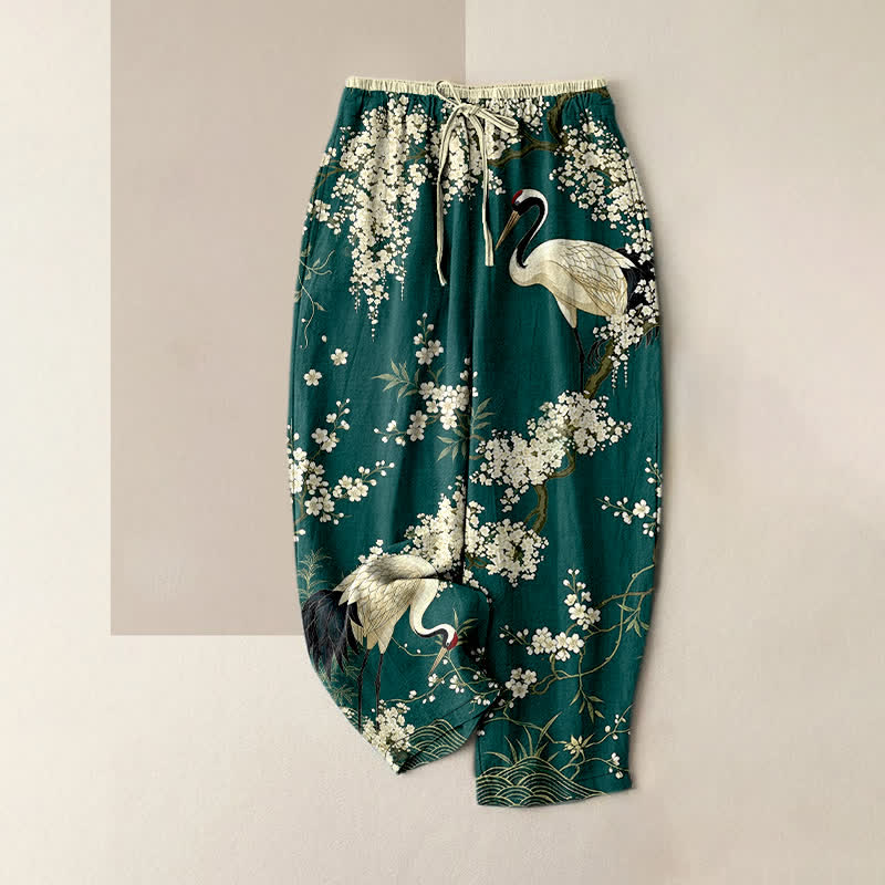 Buddha Stones Damenhose aus reiner Baumwolle mit orientalischem Kranich- und Blumenmuster, elastischem Bund und Taschen - Türkis - US16, UK/AU20, EU48 (3XL) - image 0