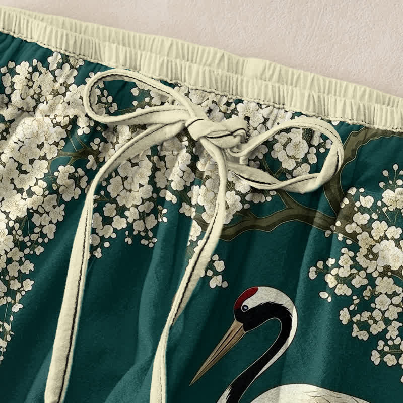 Buddha Stones Damenhose aus reiner Baumwolle mit orientalischem Kranich- und Blumenmuster, elastischem Bund und Taschen - image 1