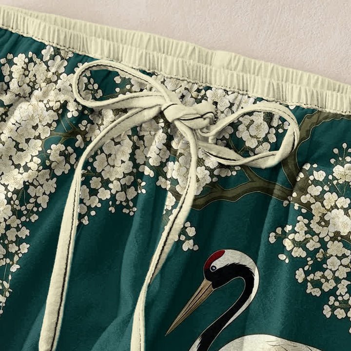 Buddha Stones Damenhose aus reiner Baumwolle mit orientalischem Kranich- und Blumenmuster, elastischem Bund und Taschen - image 1