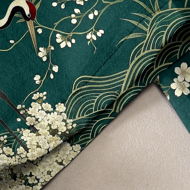 Buddha Stones Damenhose aus reiner Baumwolle mit orientalischem Kranich- und Blumenmuster, elastischem Bund und Taschen - image 2