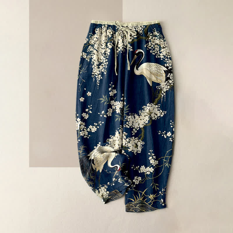 Buddha Stones Damenhose aus reiner Baumwolle mit orientalischem Kranich- und Blumenmuster, elastischem Bund und Taschen - Marine - US16, UK/AU20, EU48 (3XL) - image 4