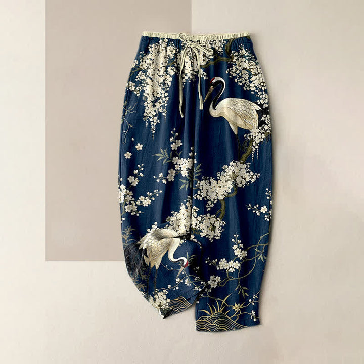 Buddha Stones Damenhose aus reiner Baumwolle mit orientalischem Kranich- und Blumenmuster, elastischem Bund und Taschen - Marine - US16, UK/AU20, EU48 (3XL) - image 4