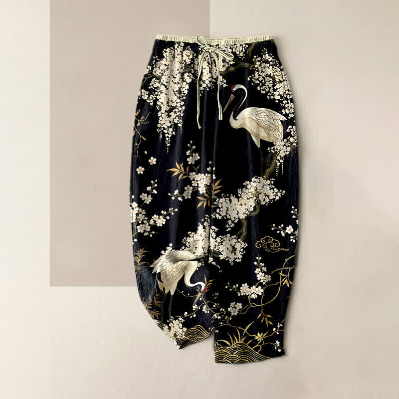 Buddha Stones Damenhose aus reiner Baumwolle mit orientalischem Kranich- und Blumenmuster, elastischem Bund und Taschen - Schwarz - US16, UK/AU20, EU48 (3XL) - image 5