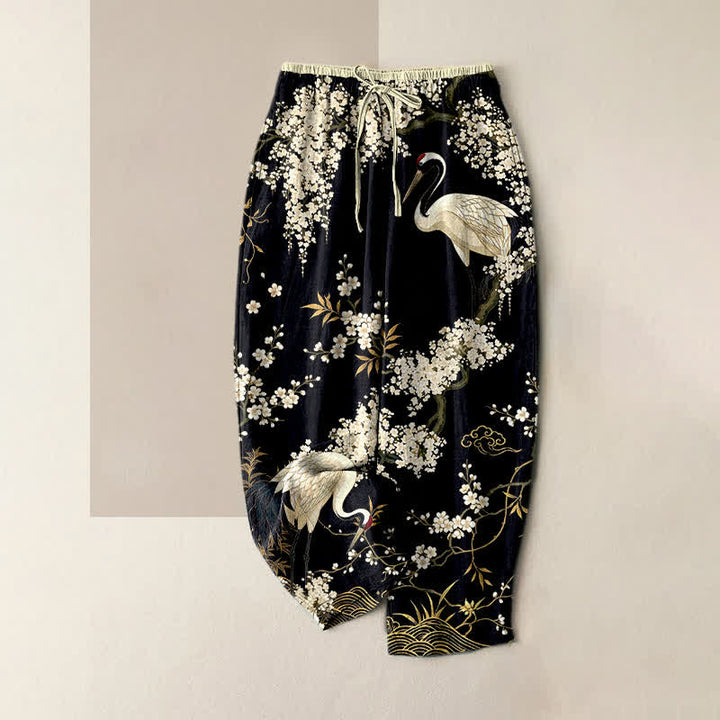 Buddha Stones Damenhose aus reiner Baumwolle mit orientalischem Kranich- und Blumenmuster, elastischem Bund und Taschen - Schwarz - US16, UK/AU20, EU48 (3XL) - image 5