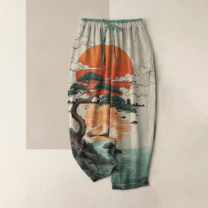 Buddha Stones Damenhose aus reiner Baumwolle mit künstlerischem Sonnenuntergangs-Kiefernmuster, elastischem Bund und Taschen - Mittelaquamarin - US16, UK/AU20, EU48 (3XL) - image 0