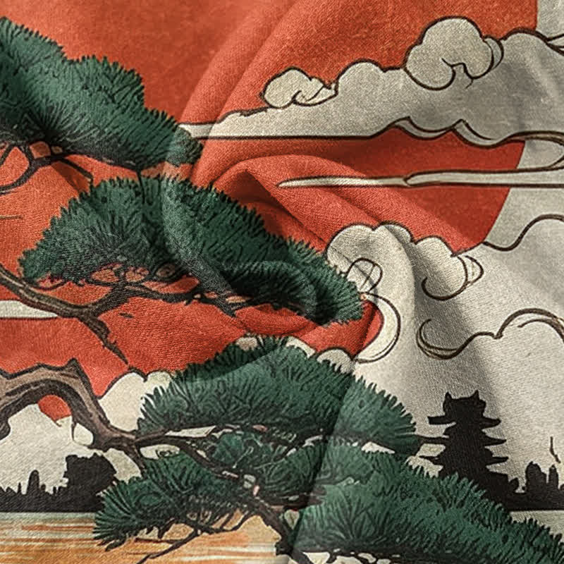 Buddha Stones Damenhose aus reiner Baumwolle mit künstlerischem Sonnenuntergangs-Kiefernmuster, elastischem Bund und Taschen - image 2