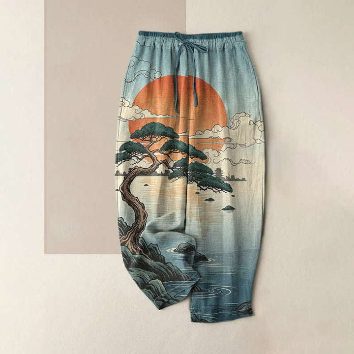 Buddha Stones Damenhose aus reiner Baumwolle mit künstlerischem Sonnenuntergangs-Kiefernmuster, elastischem Bund und Taschen - Kadettenblau - US16, UK/AU20, EU48 (3XL) - image 3