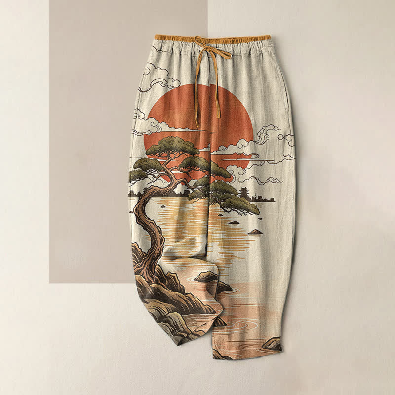 Buddha Stones Damenhose aus reiner Baumwolle mit künstlerischem Sonnenuntergangs-Kiefernmuster, elastischem Bund und Taschen - Goldrute - US16, UK/AU20, EU48 (3XL) - image 4