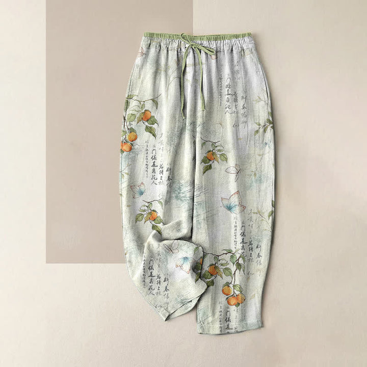 Buddha Stones Damenhose aus reiner Baumwolle mit orientalischem Zitrus-Schmetterlingsmuster, elastischem Bund und Taschen - Honigmelone - US16, UK/AU20, EU48 (3XL) - image 0