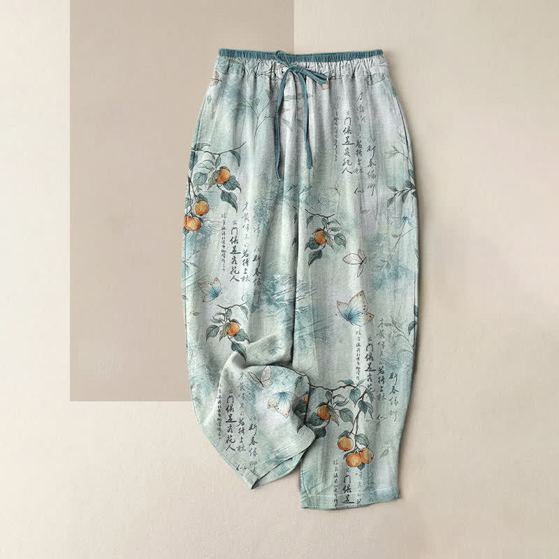 Buddha Stones Damenhose aus reiner Baumwolle mit orientalischem Zitrus-Schmetterlingsmuster, elastischem Bund und Taschen - Helltürkis - US16, UK/AU20, EU48 (3XL) - image 4