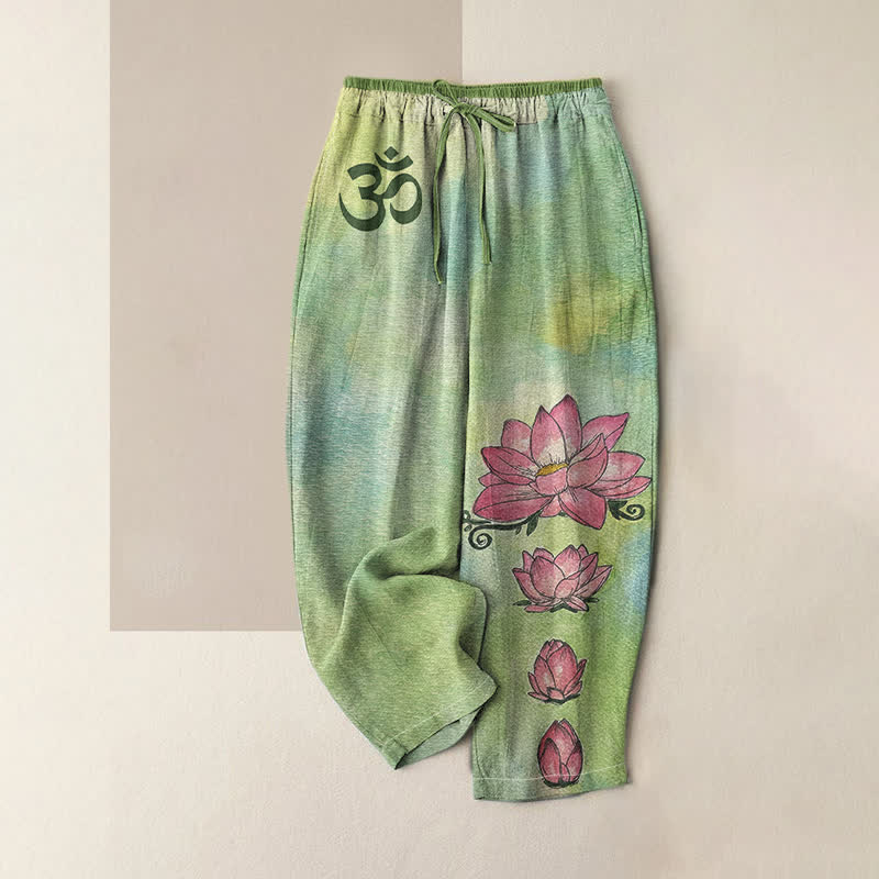 Buddha Stones Damenhose aus reiner Baumwolle mit Zen Om Lotusblütenmuster, elastischem Bund und Taschen - Hellgrün - US16, UK/AU20, EU48 (3XL) - image 0