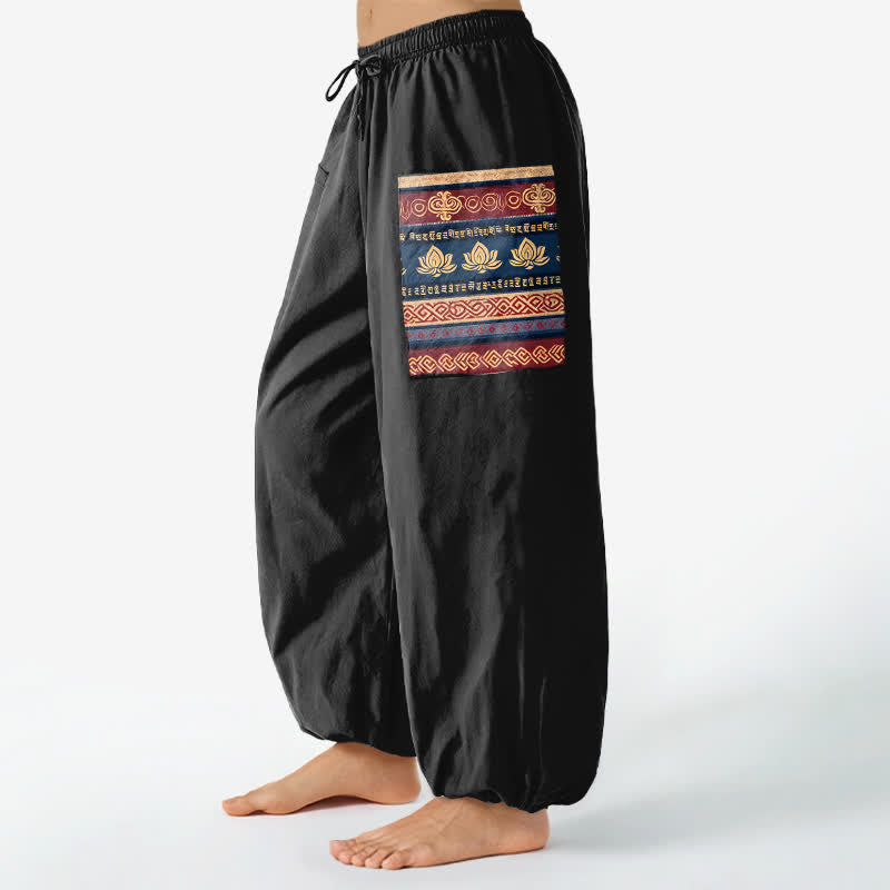 Buddha Stones Baumwoll-Haremshose für Damen mit geometrischem Lotusmuster im Bohème-Stil, elastischem Bund und Seitentaschen - image 1