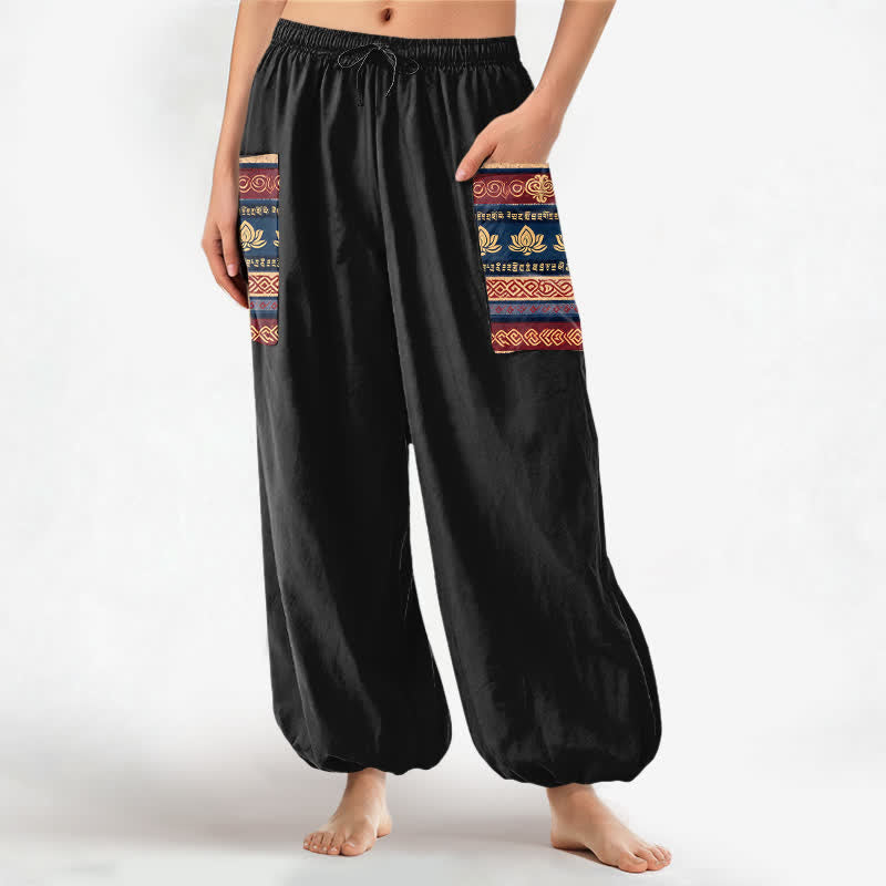 Buddha Stones Baumwoll-Haremshose für Damen mit geometrischem Lotusmuster im Bohème-Stil, elastischem Bund und Seitentaschen - Schwarz - US16, UK/AU20, EU48 (3XL) - image 0