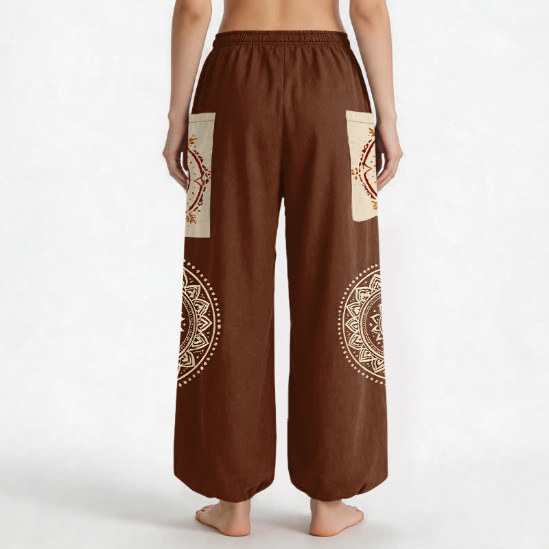 Buddha Stones Baumwoll-Haremshose im Boho-Stil mit Mandala-Mondphasenmuster, elastischem Bund und Seitentaschen - image 2