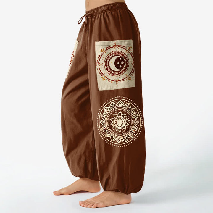 Buddha Stones Baumwoll-Haremshose im Boho-Stil mit Mandala-Mondphasenmuster, elastischem Bund und Seitentaschen - image 1