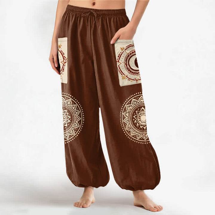 Buddha Stones Baumwoll-Haremshose im Boho-Stil mit Mandala-Mondphasenmuster, elastischem Bund und Seitentaschen - Sattelbraun - US16, UK/AU20, EU48 (3XL) - image 0