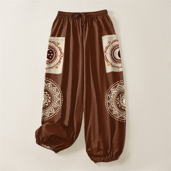 Buddha Stones Baumwoll-Haremshose im Boho-Stil mit Mandala-Mondphasenmuster, elastischem Bund und Seitentaschen - image 3