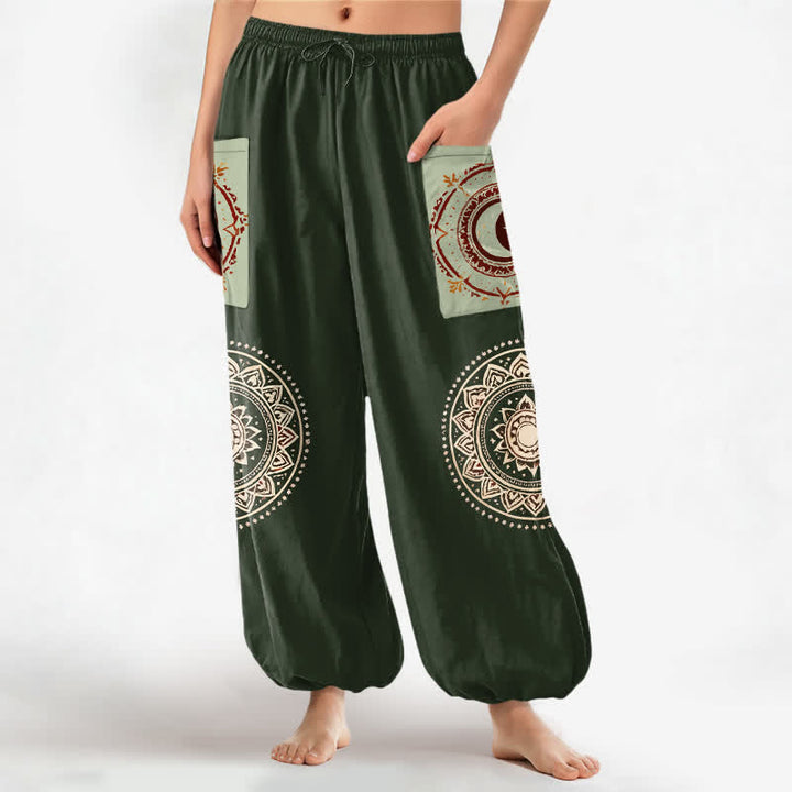 Buddha Stones Baumwoll-Haremshose im Boho-Stil mit Mandala-Mondphasenmuster, elastischem Bund und Seitentaschen - Dunkelolivgrün - US16, UK/AU20, EU48 (3XL) - image 7