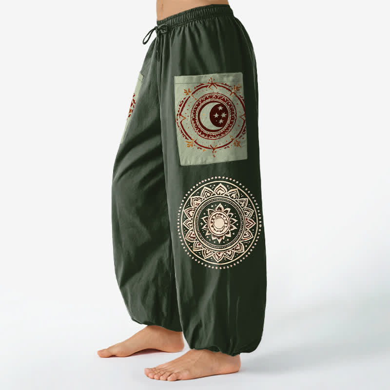 Buddha Stones Baumwoll-Haremshose im Boho-Stil mit Mandala-Mondphasenmuster, elastischem Bund und Seitentaschen - image 8