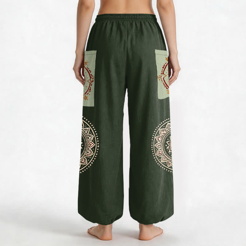 Buddha Stones Baumwoll-Haremshose im Boho-Stil mit Mandala-Mondphasenmuster, elastischem Bund und Seitentaschen - image 9